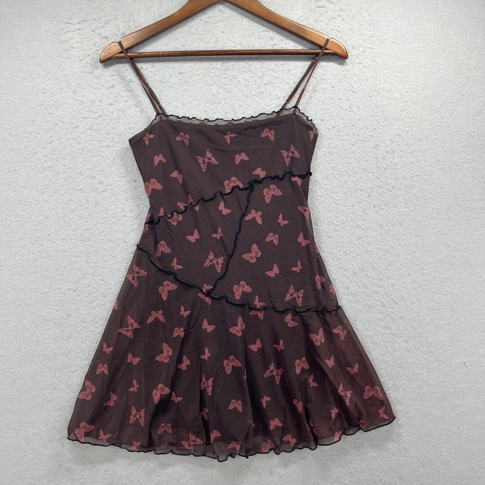 Urban Outfitters Mini Dress Womens S Brown Butterfly Mesh Lettuce Trim Y2K Fairy